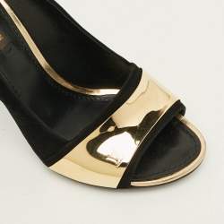 Pre Owned Louis Vuitton Size 38 Black/Gold Suede Gold Plate Peep Toe Pumps 