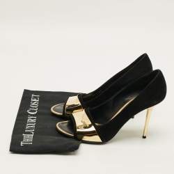 Pre Owned Louis Vuitton Size 38 Black/Gold Suede Gold Plate Peep Toe Pumps 