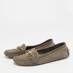 Pre Owned Louis Vuitton Oxford Size 38.5 Grey Suede Zip Detail Slip On Loafers