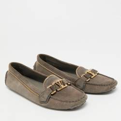 Pre Owned Louis Vuitton Oxford Size 38.5 Grey Suede Zip Detail Slip On Loafers