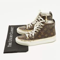 Pre Owned Louis Vuitton Size 36.5 Brown Coated Canvas And Leather High Top Sneakers