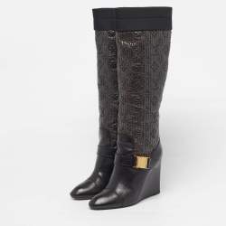 Pre Owned Louis Vuitton Motard Size 39.5 Black/Metallic  Leather and Monogram Nylon Knee Length Boots