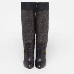 Pre Owned Louis Vuitton Motard Size 39.5 Black/Metallic  Leather and Monogram Nylon Knee Length Boots