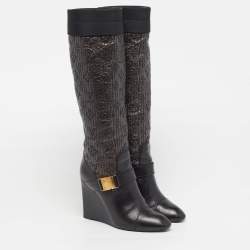 Pre Owned Louis Vuitton Motard Size 39.5 Black/Metallic  Leather and Monogram Nylon Knee Length Boots