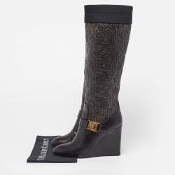 Pre Owned Louis Vuitton Motard Size 39.5 Black/Metallic  Leather and Monogram Nylon Knee Length Boots