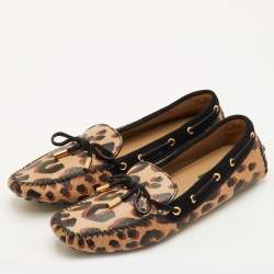 Pre Owned Louis Vuitton Beige/Black Leopard Print Leather and Suede Gloria Slip On Loafers