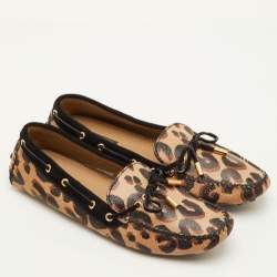 Pre Owned Louis Vuitton Beige/Black Leopard Print Leather and Suede Gloria Slip On Loafers