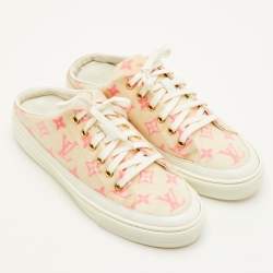 Pre Owned Louis Vuitton Stellar Size 39 White/Pink Monogram Mesh and Leather Lace Up Mule Sneakers