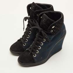 مملوكة مسبقًا Louis Vuitton Batignolles Size 39.5 Navy Blue/Black Monogram Suede and Canvas Wedge Ankle Boots