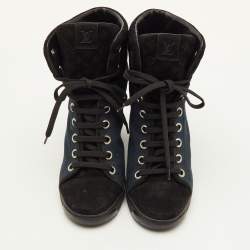 مملوكة مسبقًا Louis Vuitton Batignolles Size 39.5 Navy Blue/Black Monogram Suede and Canvas Wedge Ankle Boots