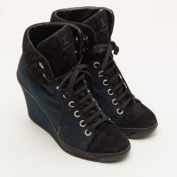 مملوكة مسبقًا Louis Vuitton Batignolles Size 39.5 Navy Blue/Black Monogram Suede and Canvas Wedge Ankle Boots