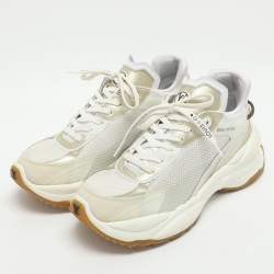 Pre Owned Louis Vuitton Run 55 Size 41 White/Gold Mesh and Leather Low Top Sneakers