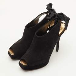 Pre Owned صندل بأصابع مفتوحة وبنعل سميك لوي فيتون شامواه أسود مقاس 35.5