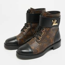 Pre Owned Louis Vuitton Wonderland Ranger Size 37 Brown Canvas and Leather Combat Boots