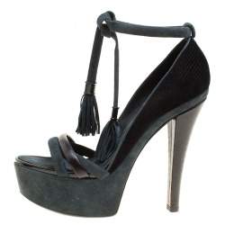 مملوكة مسبقًا صندل لوي فيتون قماش وجلد وسويدي أسود/رصاصي نعل سميك مقاس 38.5