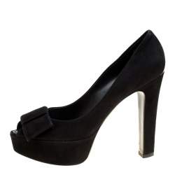 Louis Vuitton Black Suede Peep Toe Bow Detail Platform Pumps Size 39.5