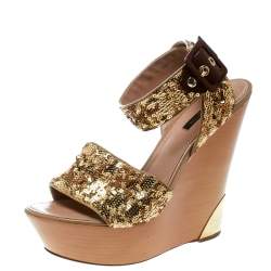 Pre Owned Louis Vuitton Metallic Gold Sequin Embellished Ankle Wrap Wedge Sandals Size 40