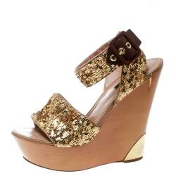 Pre Owned Louis Vuitton Metallic Gold Sequin Embellished Ankle Wrap Wedge Sandals Size 40