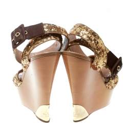 Pre Owned Louis Vuitton Metallic Gold Sequin Embellished Ankle Wrap Wedge Sandals Size 40
