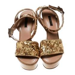 Pre Owned Louis Vuitton Metallic Gold Sequin Embellished Ankle Wrap Wedge Sandals Size 40