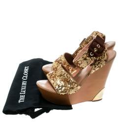 Pre Owned Louis Vuitton Metallic Gold Sequin Embellished Ankle Wrap Wedge Sandals Size 40