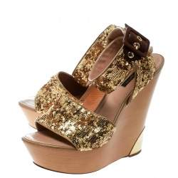 Pre Owned Louis Vuitton Metallic Gold Sequin Embellished Ankle Wrap Wedge Sandals Size 40