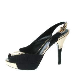 Louis Vuitton Black Satin And Metallic Gold Leather Motard Piccadilly Peep Toe Platform Slingback Sandals Size 36 