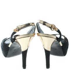 Louis Vuitton Black Satin And Metallic Gold Leather Motard Piccadilly Peep Toe Platform Slingback Sandals Size 36 