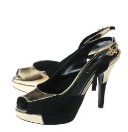 Louis Vuitton Black Satin And Metallic Gold Leather Motard Piccadilly Peep Toe Platform Slingback Sandals Size 36 