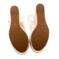 Pre Owned Louis Vuitton Beige Monogram Canvas And Leather Trim Platform Espadrille Wedge Sandals Size 39.5