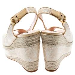 Pre Owned Louis Vuitton Beige Monogram Canvas And Leather Trim Platform Espadrille Wedge Sandals Size 39.5