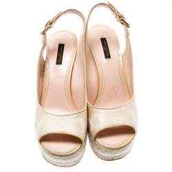 Pre Owned Louis Vuitton Beige Monogram Canvas And Leather Trim Platform Espadrille Wedge Sandals Size 39.5