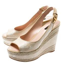 Pre Owned Louis Vuitton Beige Monogram Canvas And Leather Trim Platform Espadrille Wedge Sandals Size 39.5