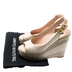 Pre Owned Louis Vuitton Beige Monogram Canvas And Leather Trim Platform Espadrille Wedge Sandals Size 39.5