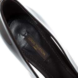 Pre Owned Louis Vuitton Dark Brown Patent Leather Lock Detail Cut Out Open Toe Platform Pumps Size 38.5