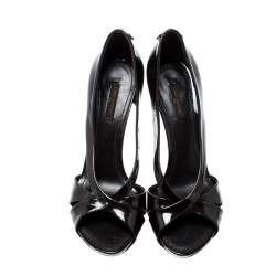 Pre Owned Louis Vuitton Dark Brown Patent Leather Lock Detail Cut Out Open Toe Platform Pumps Size 38.5