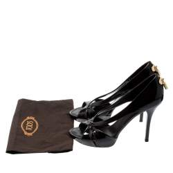 Pre Owned Louis Vuitton Dark Brown Patent Leather Lock Detail Cut Out Open Toe Platform Pumps Size 38.5