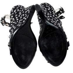 Louis Vuitton Black Printed Fabric Bow Ankle Strap Wedges Sandals Size 38