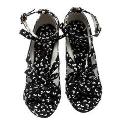 Louis Vuitton Black Printed Fabric Bow Ankle Strap Wedges Sandals Size 38