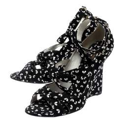 Louis Vuitton Black Printed Fabric Bow Ankle Strap Wedges Sandals Size 38