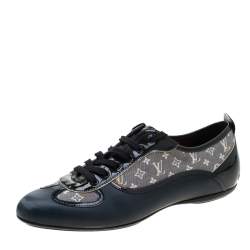 Louis Vuitton Blue Leather And Grey Monogram Canvas Lace Up Sneakers Size 38.5