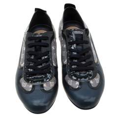 Louis Vuitton Blue Leather And Grey Monogram Canvas Lace Up Sneakers Size 38.5