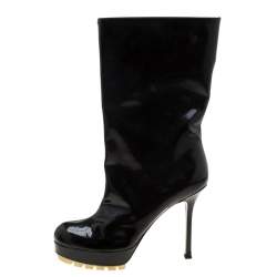 Pre Owned Saint Laurent Paris Black Patent Leather Platform Mid Calf Boots Size 38