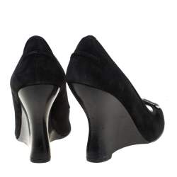 Louis Vuitton Black Suede Butterfly Peep Toe Wedge Pumps Size 38.5 