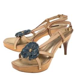 Louis Vuitton Beige/Blue Monogram Denim Floral Platform Strappy Sandals Size 39.5