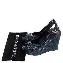 Pre Owned Louis Vuitton Denim Monogram Bastille Espadrilles Slingback Wedge Sandals Size 38.5