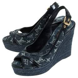 Pre Owned Louis Vuitton Denim Monogram Bastille Espadrilles Slingback Wedge Sandals Size 38.5
