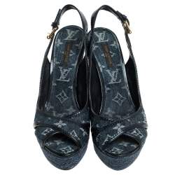 Pre Owned Louis Vuitton Denim Monogram Bastille Espadrilles Slingback Wedge Sandals Size 38.5