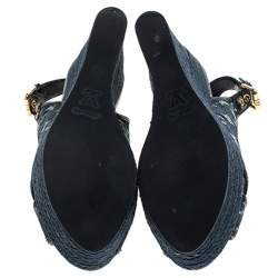 Pre Owned Louis Vuitton Denim Monogram Bastille Espadrilles Slingback Wedge Sandals Size 38.5