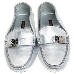 Pre Owned Louis Vuitton Metallic Silver Leather Lombok Loafers Size 37